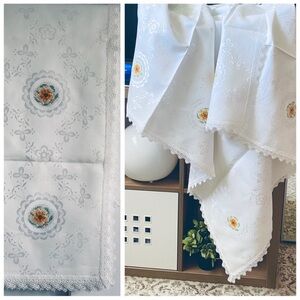 Vintage Floral Embroidered Handmade Embroidered Tablecloth with Lace Trim